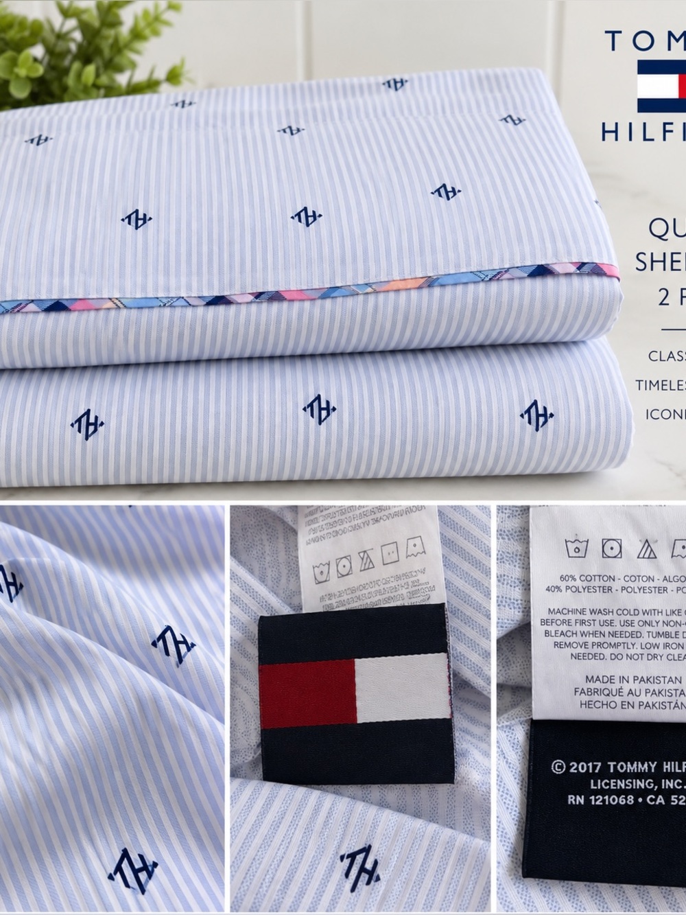 Vintage Tommy Hilfiger Queen Sheet Set 2pc Blue White TH Monogram Stripe